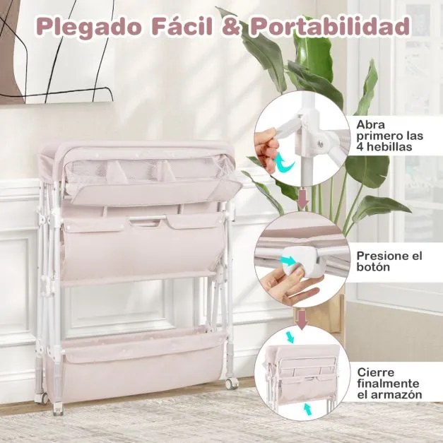 Mesa para trocar fraldas portátil dobrável com rodas impermeável altura ajustável e caixote do lixo para bebés rosa claro