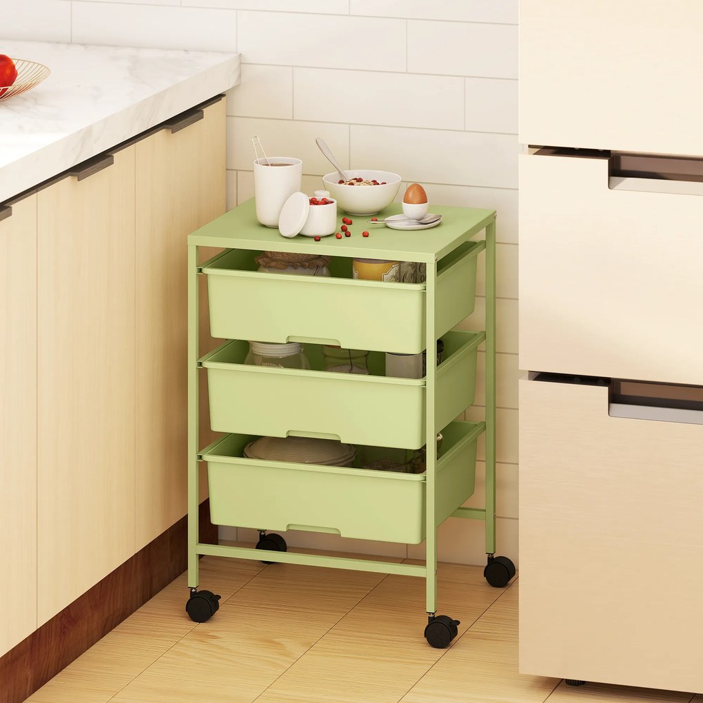Carrinho Auxiliar com Rodas Carrinho de Cozinha de 3 Níveis com 3 Cestos e Estrutura de Aço 40,8x33,5x60,5 cm Verde