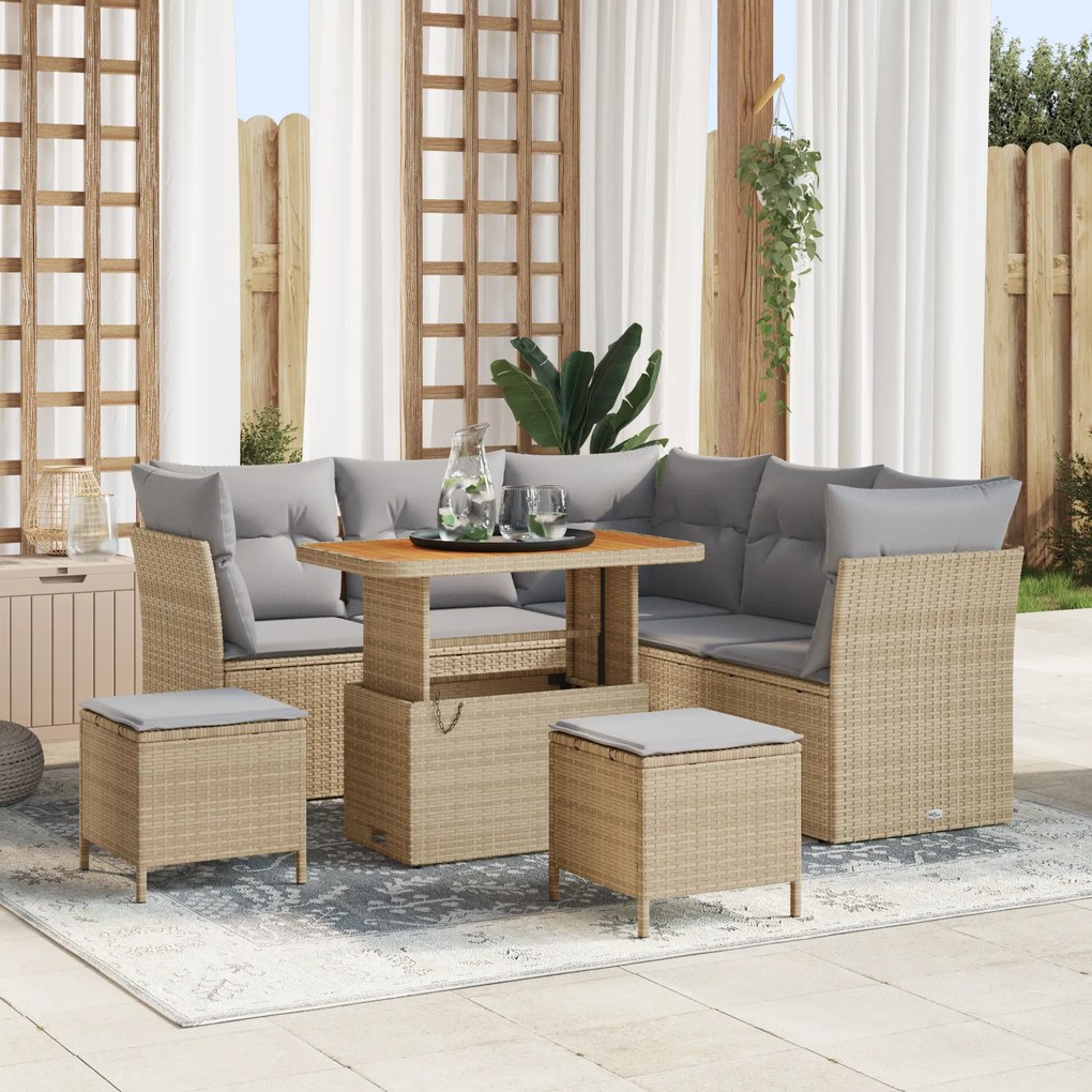 Conjunto de Sofás de Jardim de 8 Peças com Almofadas Bege Rattan Polié