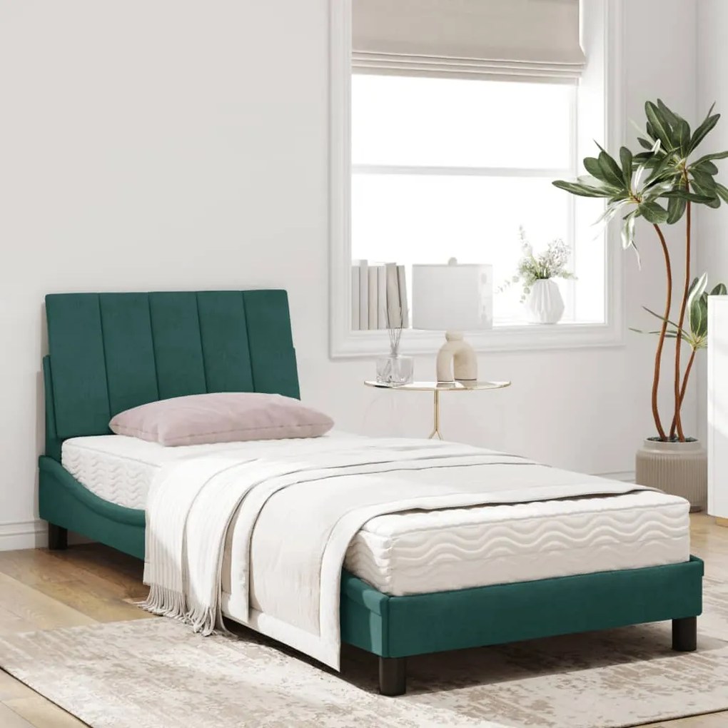 Cama com colchão 90x200 cm veludo verde-escuro