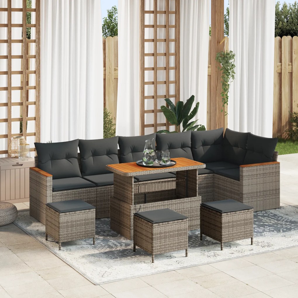 Conjunto de Sofá de Jardim de 10 Peças com Almofadas Cinza Rattan Poly Acácia
