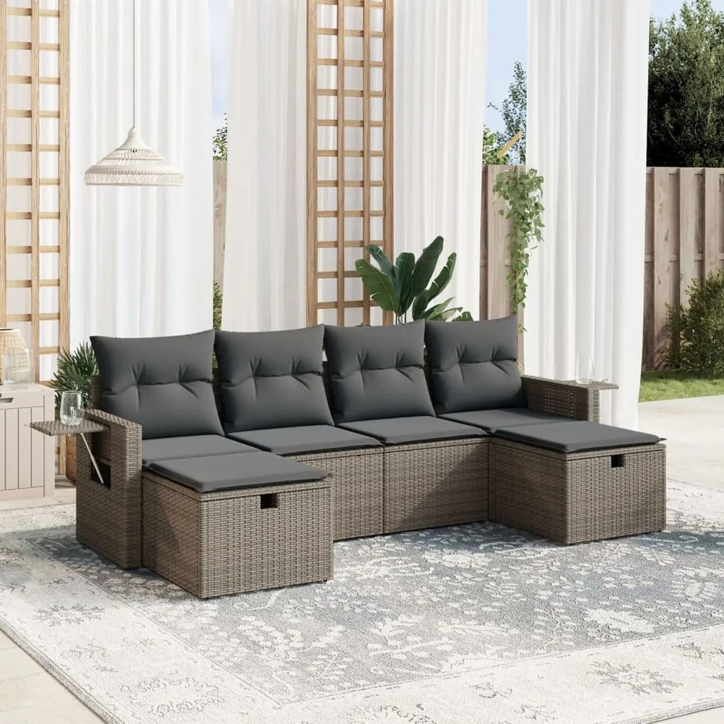 6 pcs conjunto sofás de jardim com almofadões vime cinzento
