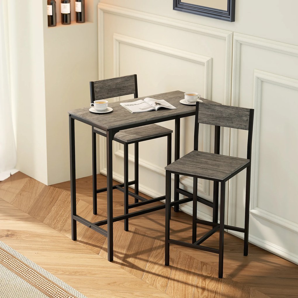 Conjunto de mesa de bar com bancos, mesa de jantar alta com 2 cadeiras de bar, apoios para os pés e encostos, cinzento