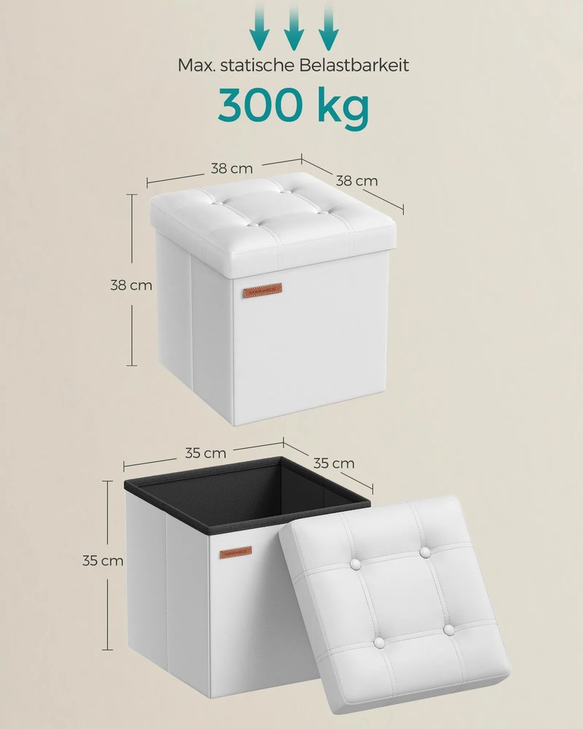Banco quadrado arrumação 38 x 38 x 38 cm, em couro sintético, 38 cm, dobrável branco