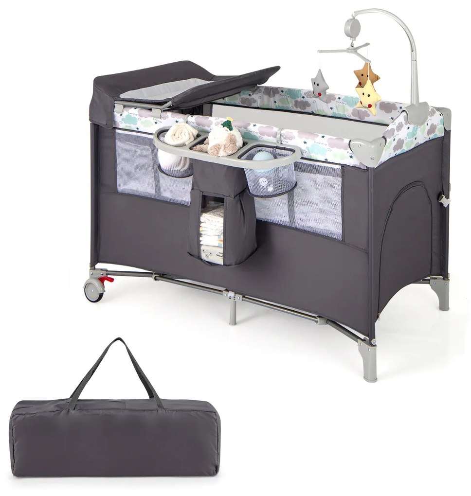 Berço para bebés dobrável 5 em 1 portátil com mesa para mudar fraldas Cadeira de brincar Berço para dormir Berço Moisés Colchão de berço Saco de viage