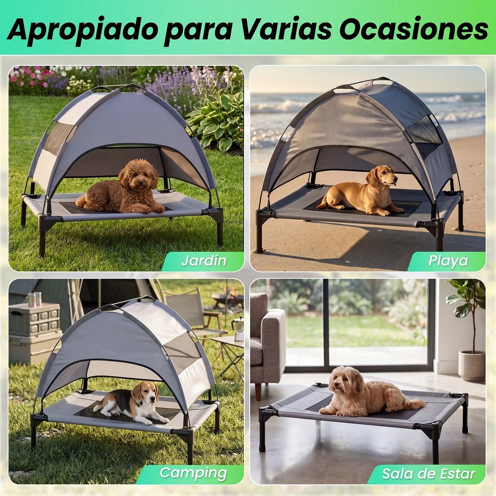 Cama Elevada para Cães, 78,5 x 63 x 70 cm, Toldo Desmontável, Cinzento