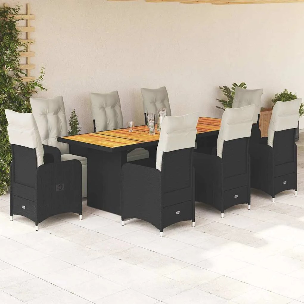 9 pcs conjunto de bistrô p/ jardim c/ almofadões vime PE preto