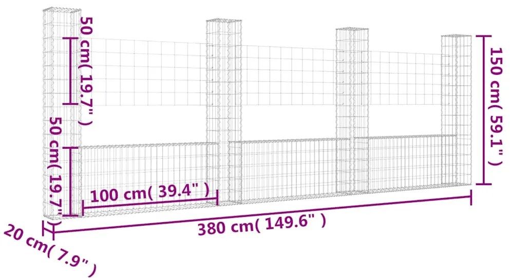 Cesto gabião em forma de U c/ 4 postes 380x20x150 cm ferro