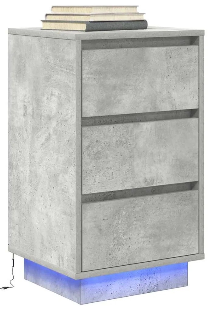 Mesa de cabeceira com luzes LED 38x34x65 cm cinzento-cimento