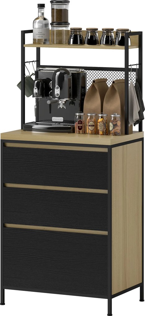 Armário de cozinha de estilo industrial com 3 gavetas, bancada, prateleira e 4 ganchos, 60 x 40 x 132 cm