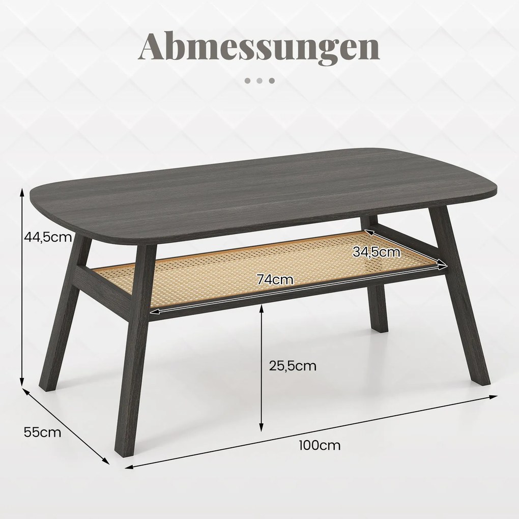 Mesa de centro em madeira para sala de estar com prateleira em rattan 100 x 55 x 44,5 cm Cinza escuro e natural