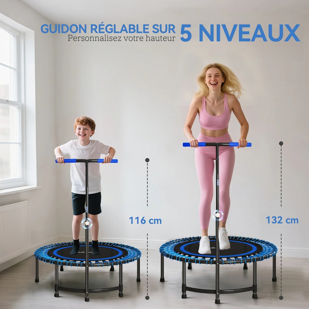 Trampolim de fitness de 114 cm, cordas elásticas, pega ajustável em 5 posições, trampolim de exercício silencioso, azul