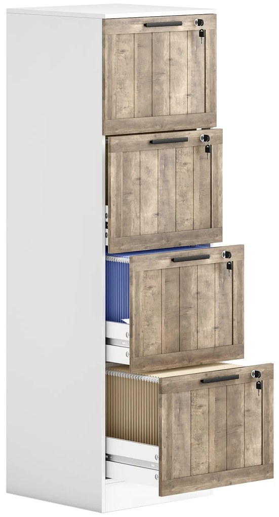 HOMCOM Bloco de Gavetas de Escritório com 4 Gavetas Fecho e 2 Chaves e Barras para Pendurar A4 Carta 39,4x40x129 cm Branco e Madeira | Aosom Portugal