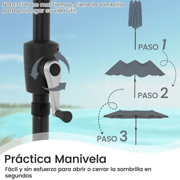 Guarda-sol de 392 cm com dupla face, grande, tamanho duplo, com manivela e 12 varas resistentes para jardim Cinzento