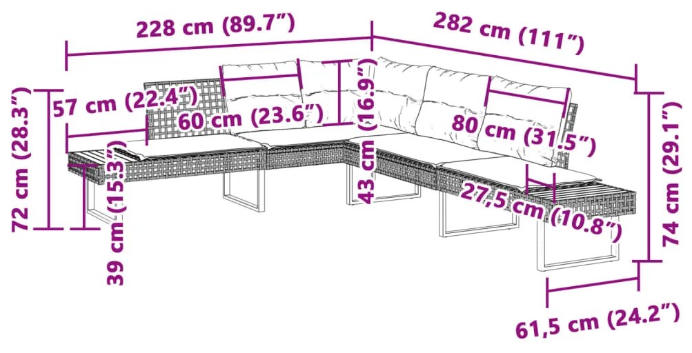 Sofá de jardim em forma de L c/ almofadões vime PE/acácia cinza