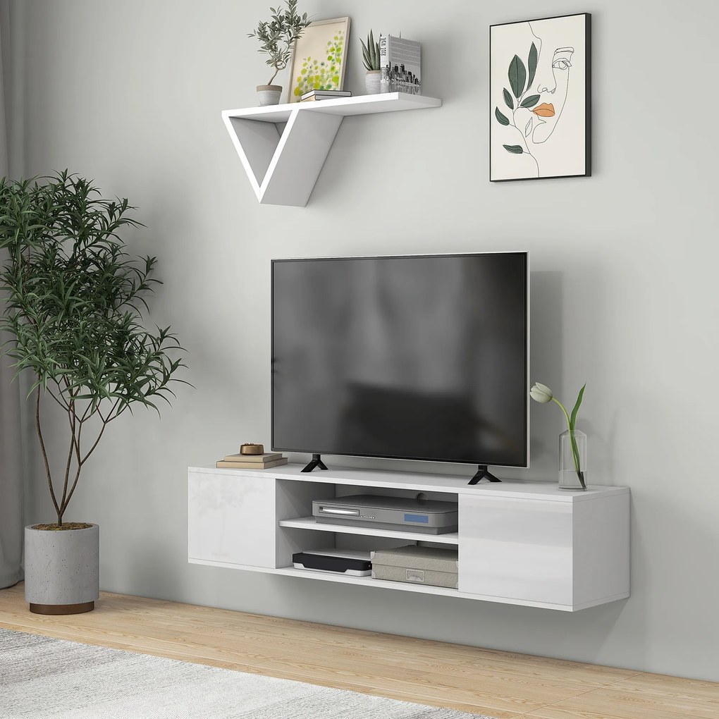 Móvel de TV suspenso de parede, com 2 armários, 2 nichos centrais e 2 passadores de cabos, 140 x 30 x 30 cm, branco