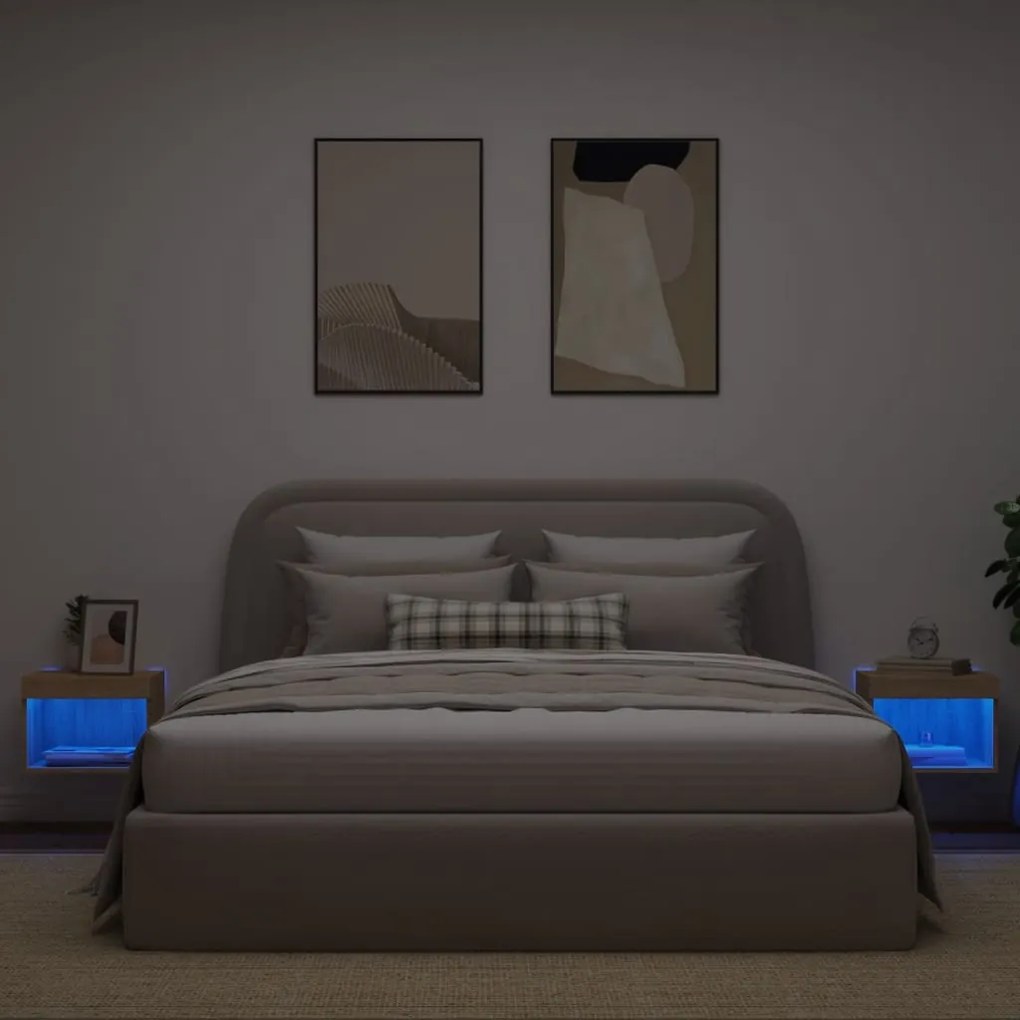 Mesas de cabeceira de parede c/ luzes LED 2 pcs carvalho sonoma