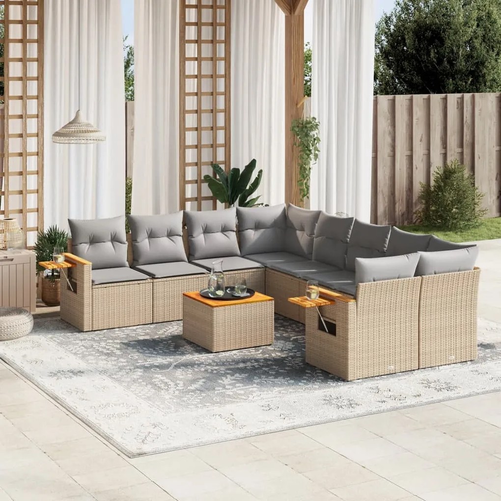 vidaXL 9 pcs conjunto de sofás p/ jardim com almofadões vime PE bege