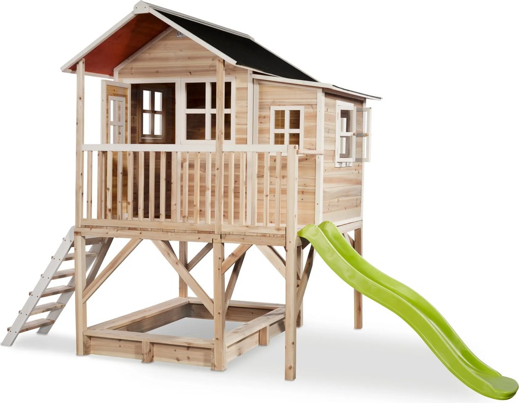 Casa de brincar infantil exterior para crianças Loft 550 em madeira com escorrega e caixa areia - Natural