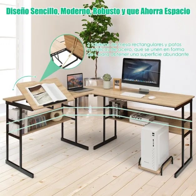 Secretária de canto moderna em forma de L 170 x 150 x 75 cm Mesa de desenho inclinável com prateleira inferior Estrutura em metal natural