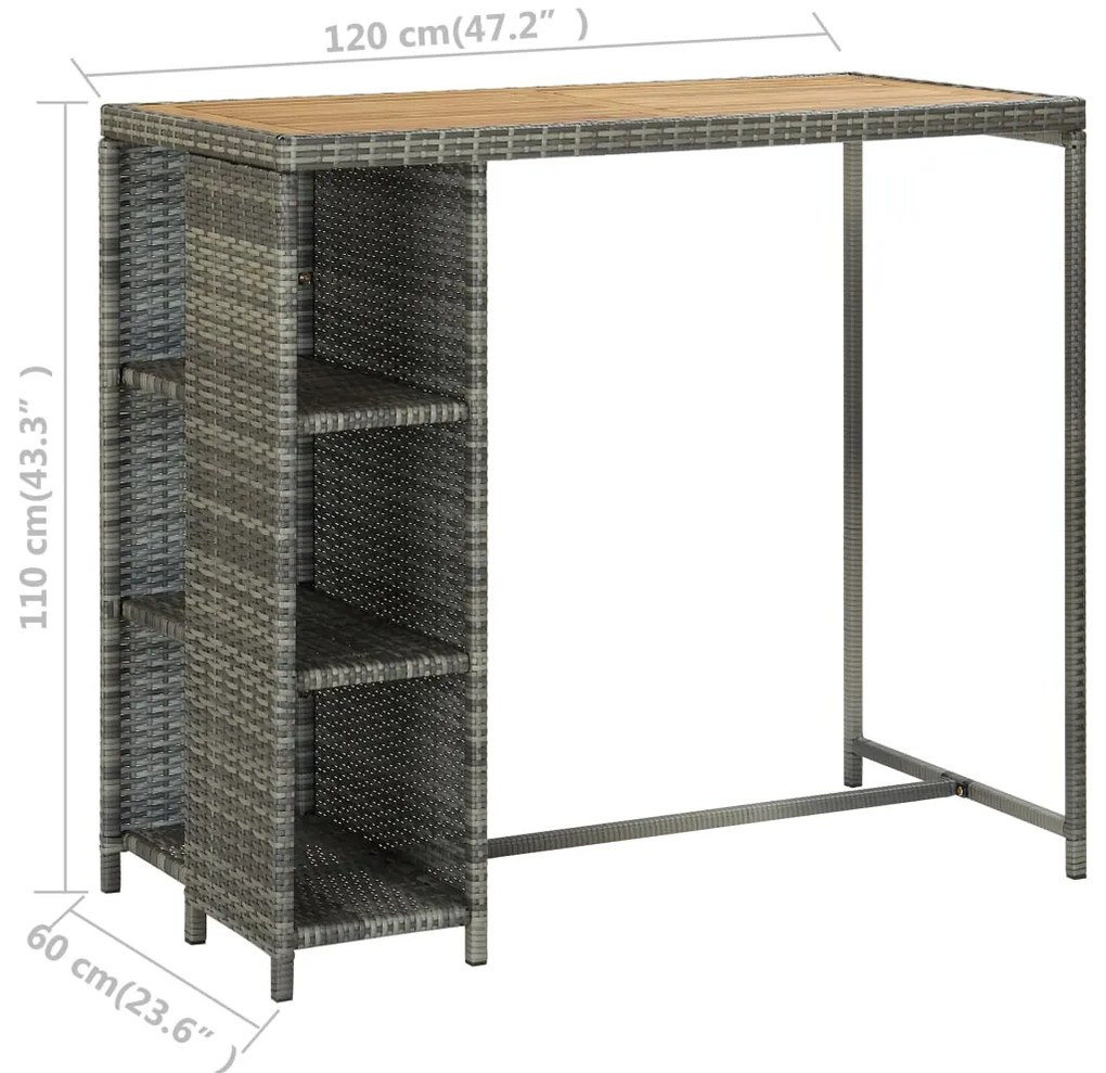 5 pcs conjunto de bar p/ jardim c/ almofadões vime PE cinzento