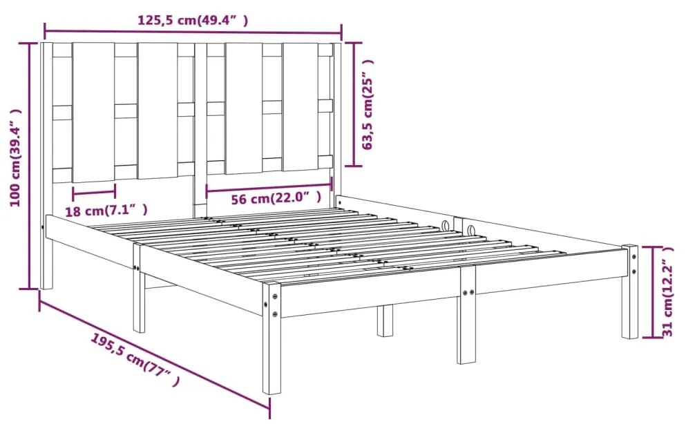 Estrutura de cama dupla pequena 4FT 120x190 cm madeira maciça