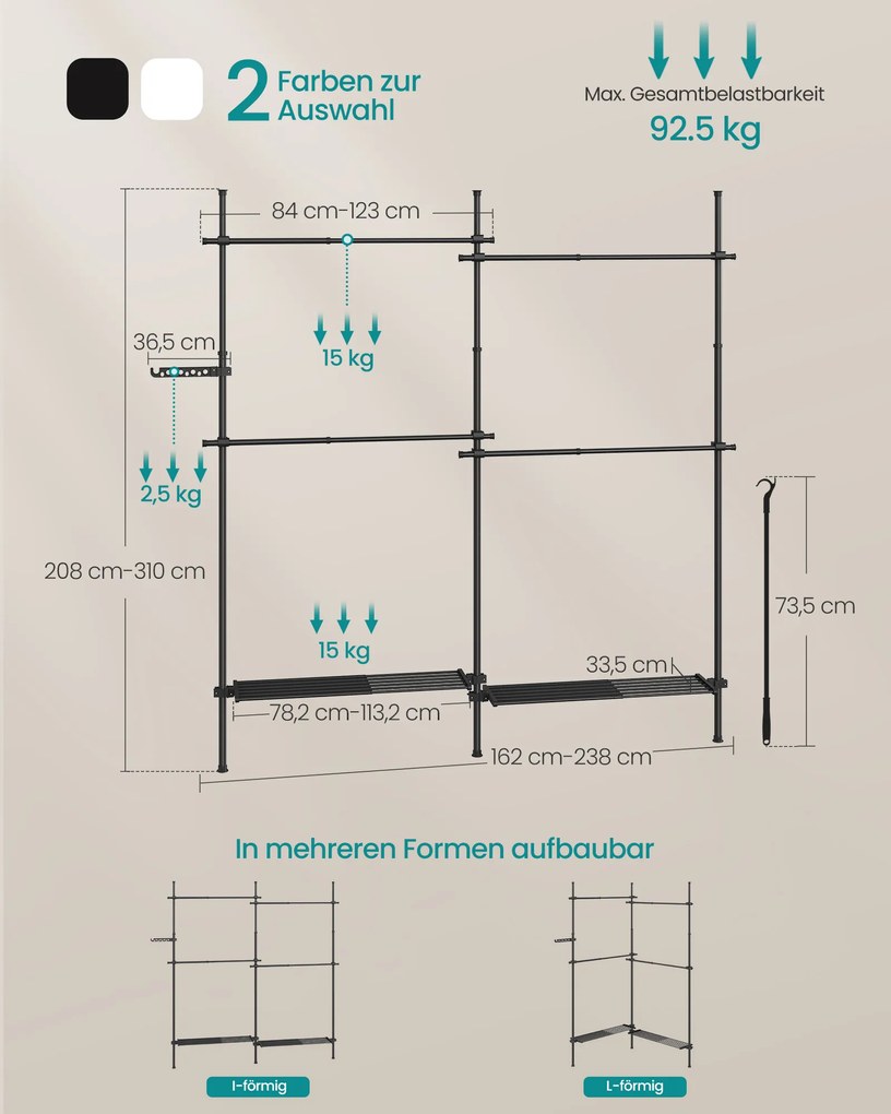 Guarda roupa aberto 33,5 x (162-238) x (208-310) cm preto