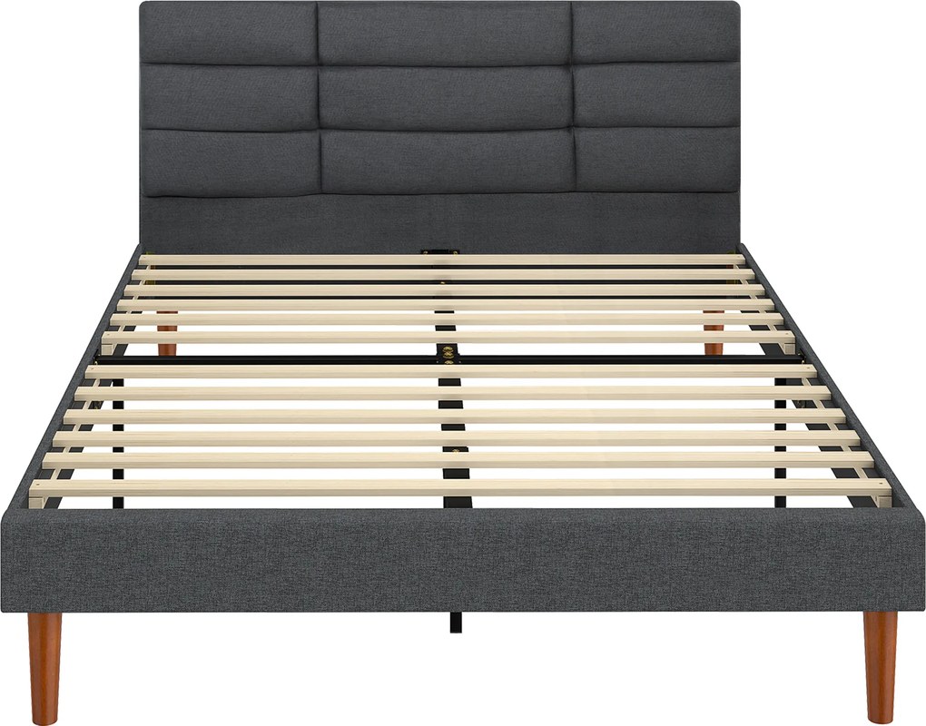 Cama Estofada 140x200 cm (COLCHÃO NÃO INCLUIDO) com Cabeceira Almofadada, Estrado de Ripas e Espaço Livre Inferior, Cinzento