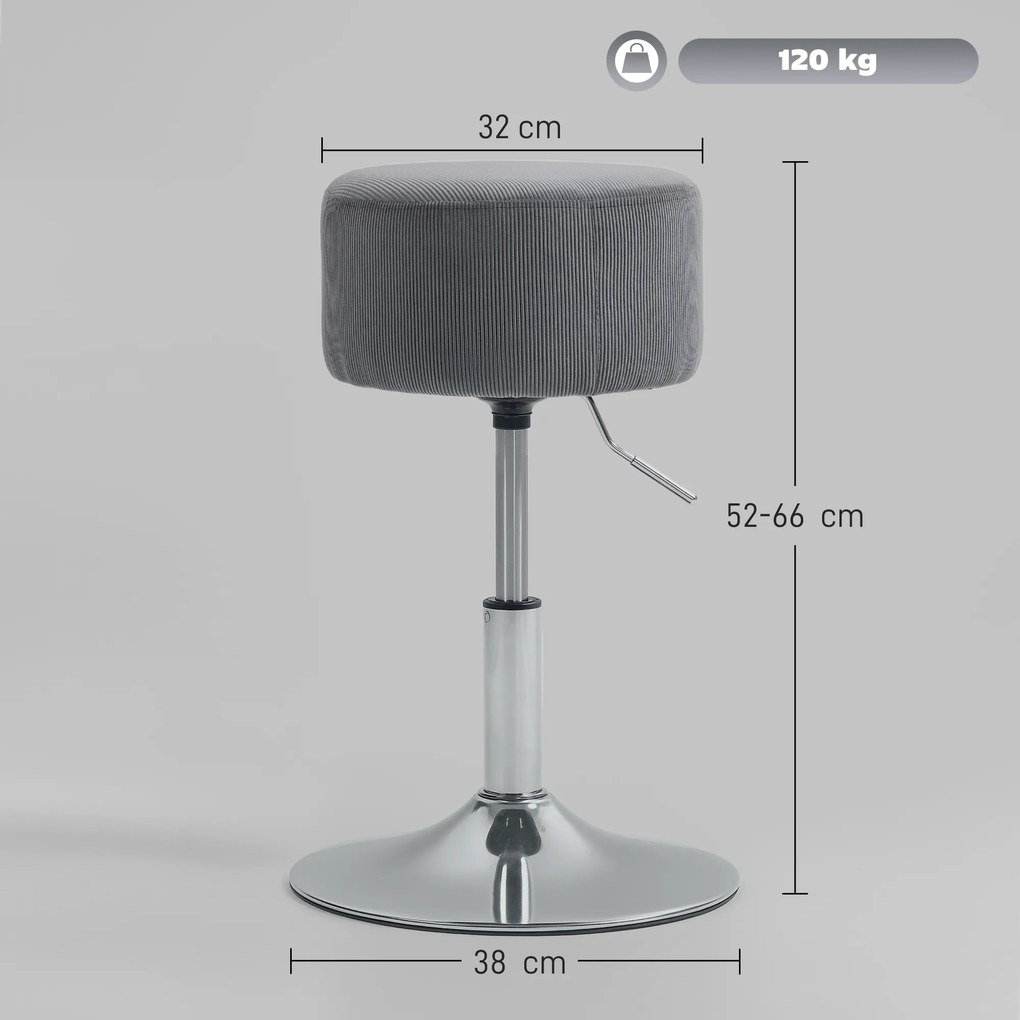 Banco de toucadou ou cozinha Ajustável em Altura 52-66 cm Estofado em Veludo Giratória a 360° Cinzento