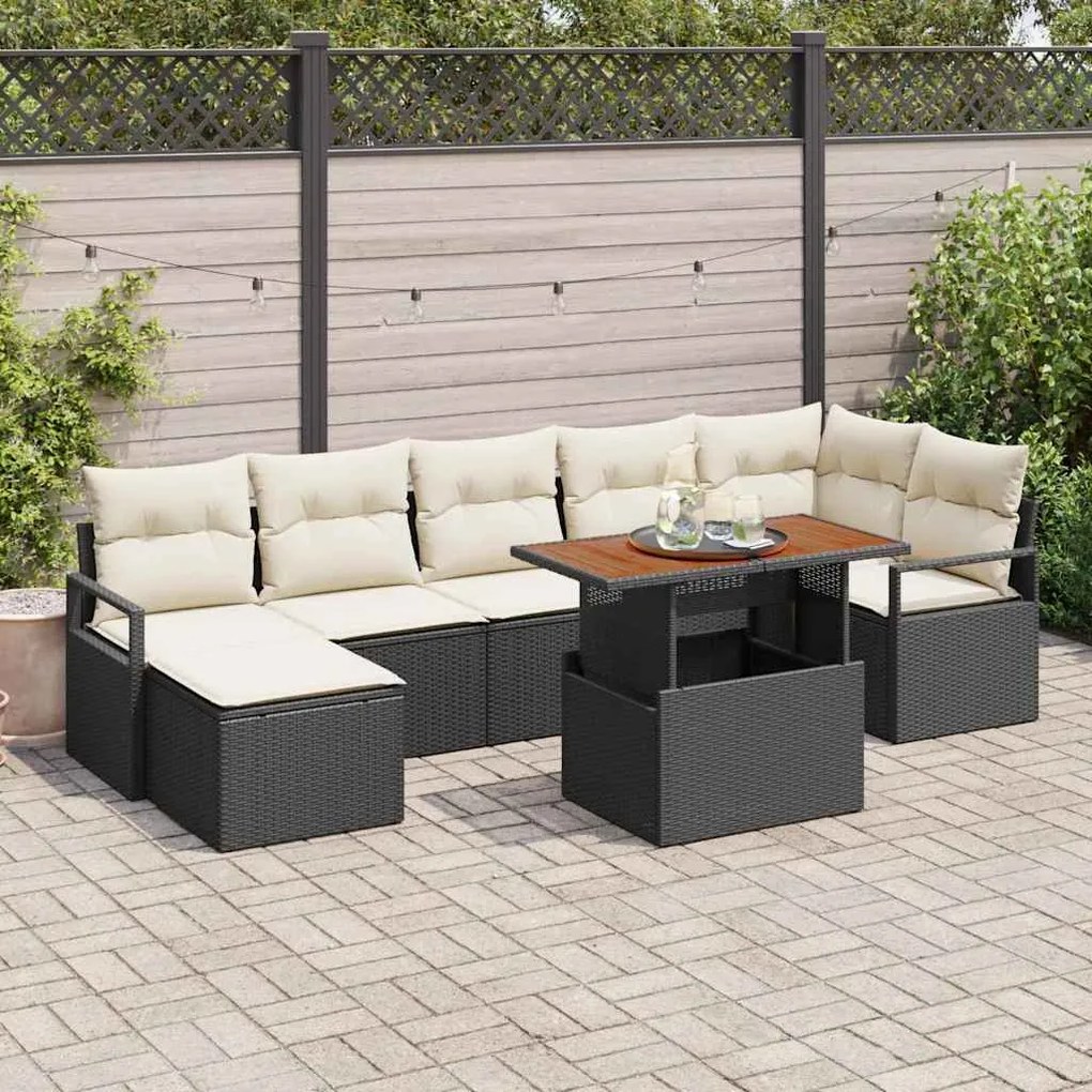 vidaXL Conjunto de Sofá de Jardim com 8 Peças e Almofadas Pretas em Rattan Sintético e Madeira de Acácia