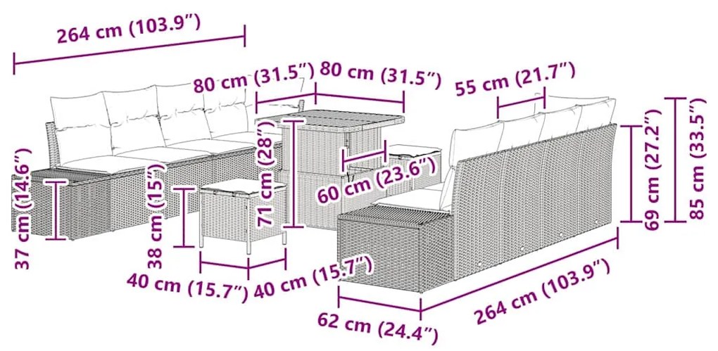 Conjunto de Sofá de Jardim de 11 Peças com Almofadas Bejas em Poliratt