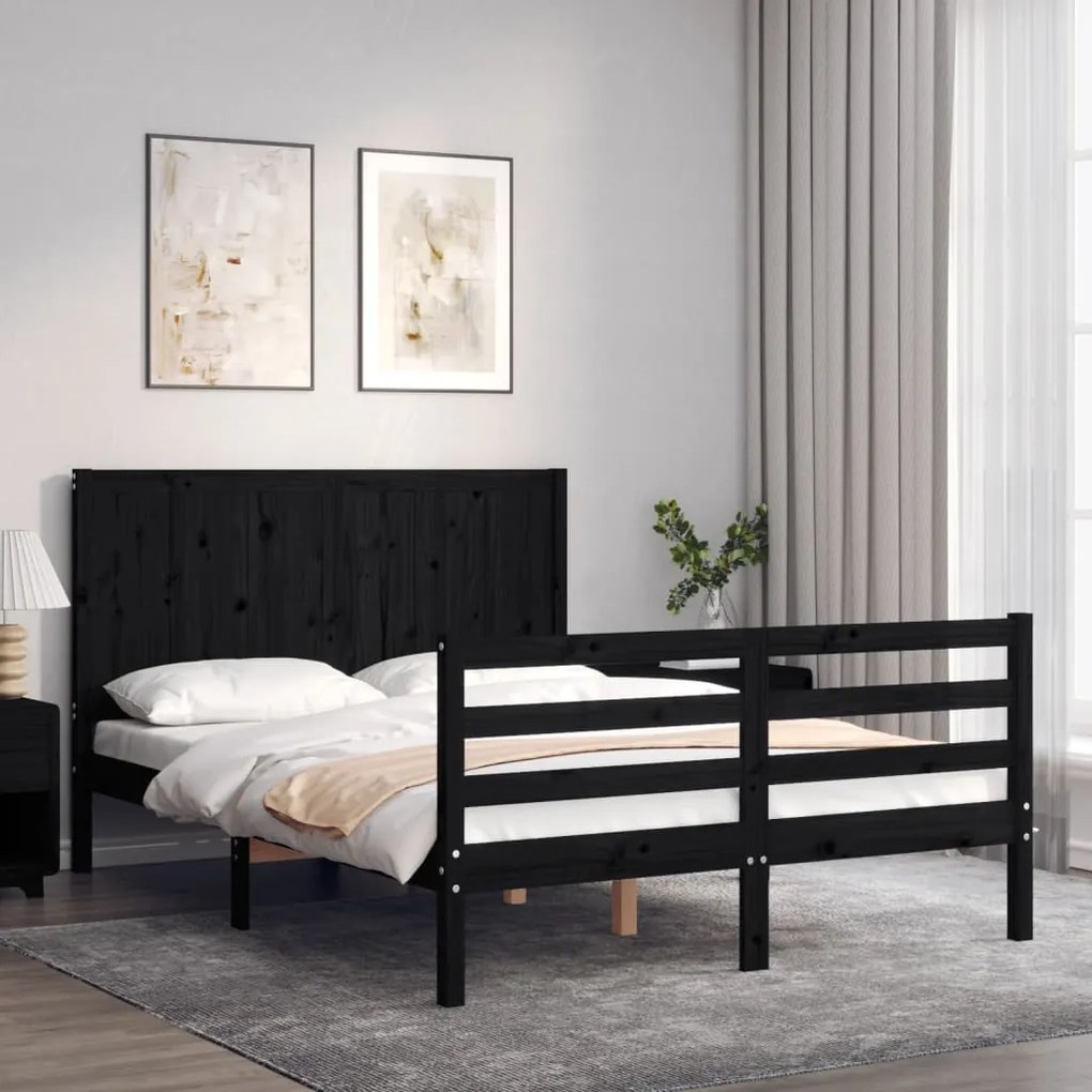 Estrutura de cama de casal c/ cabeceira madeira maciça preto