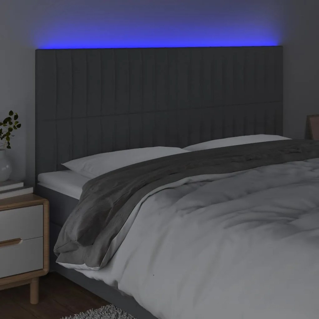 Cabeceira de cama c/ LED tecido 200x5x118/128 cm cinza-escuro