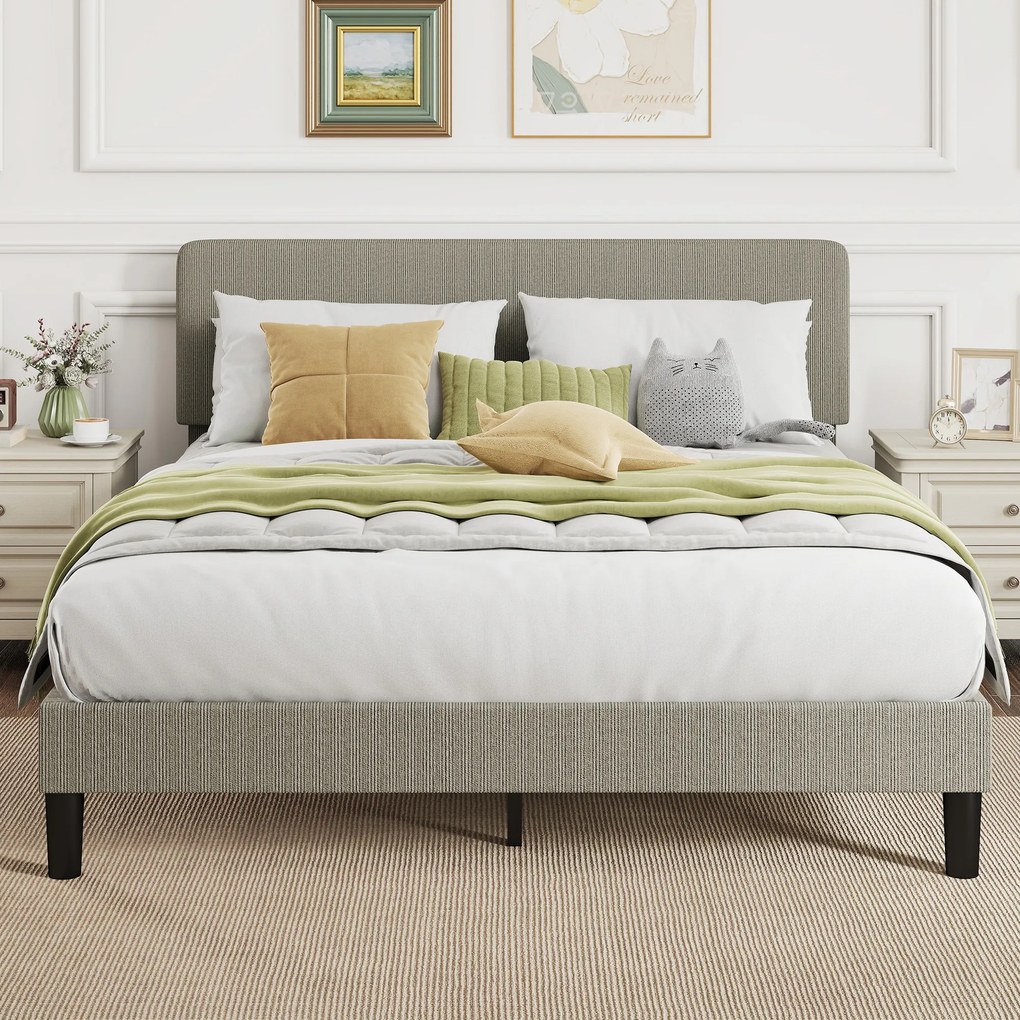 Cama de Casal Estofada, 205 x 167 x 107 cm (COLCHÃO NÃO INCLUIDO), Cabeceira Ajustável, Cinzento