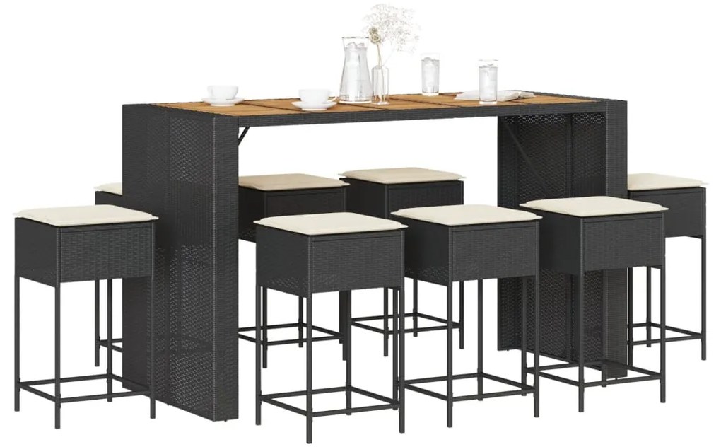 9 pcs conjunto de bar para jardim c/ almofadões vime PE preto
