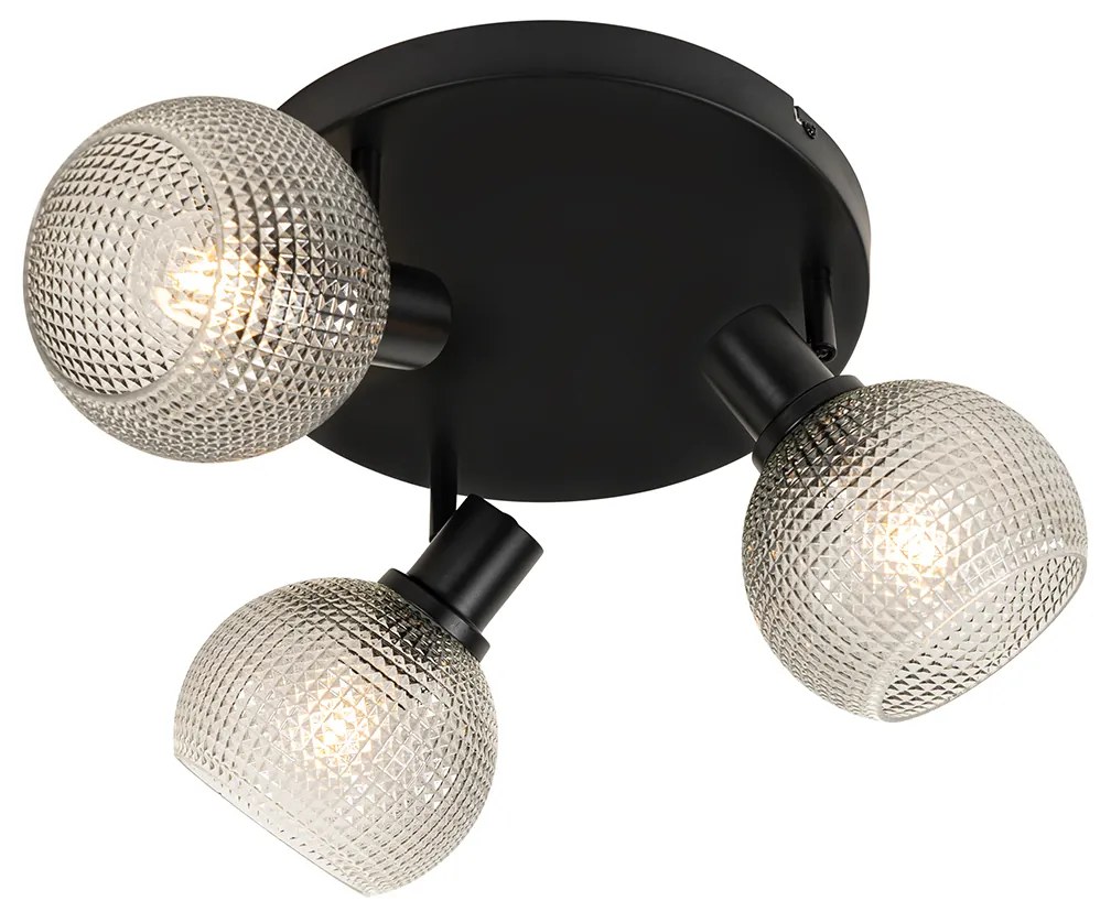 Candeeiro de teto design preto com vidro fumê 3-luzes redondo - Chico Design