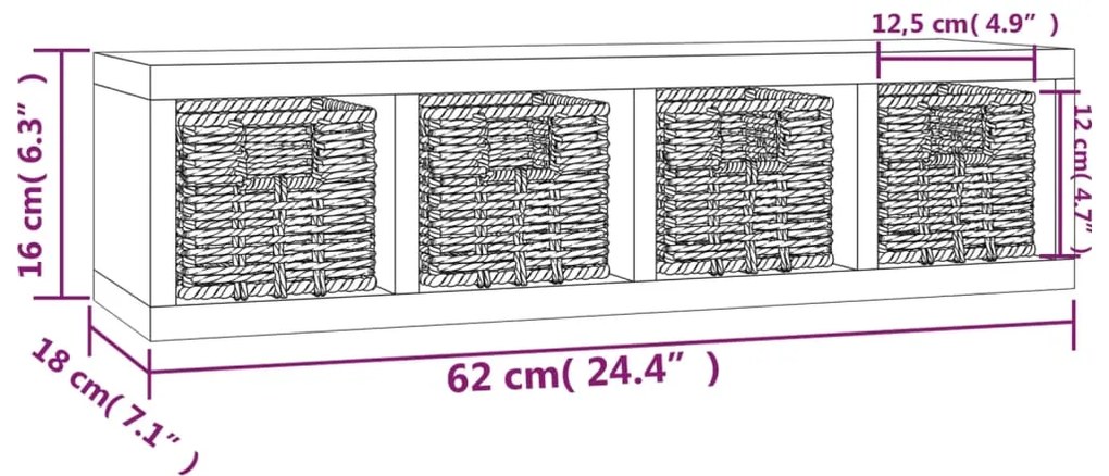 Prateleira de parede com cestos 62x18x16 cm nogueira maciça