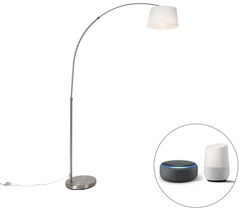 Candeeiro de Arco Inteligente Aço com Abajur de Tecido Branco incl. Wifi A60 - Arc Basic Moderno
