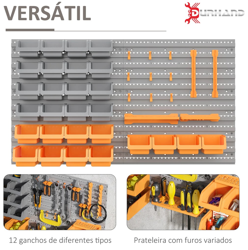 Prateleira de Parede Organizador de Ferramentas com 28 Caixas Empilháveis ​​e Ganchos 95,5x22,5x53,5 cm Cinza e Laranja