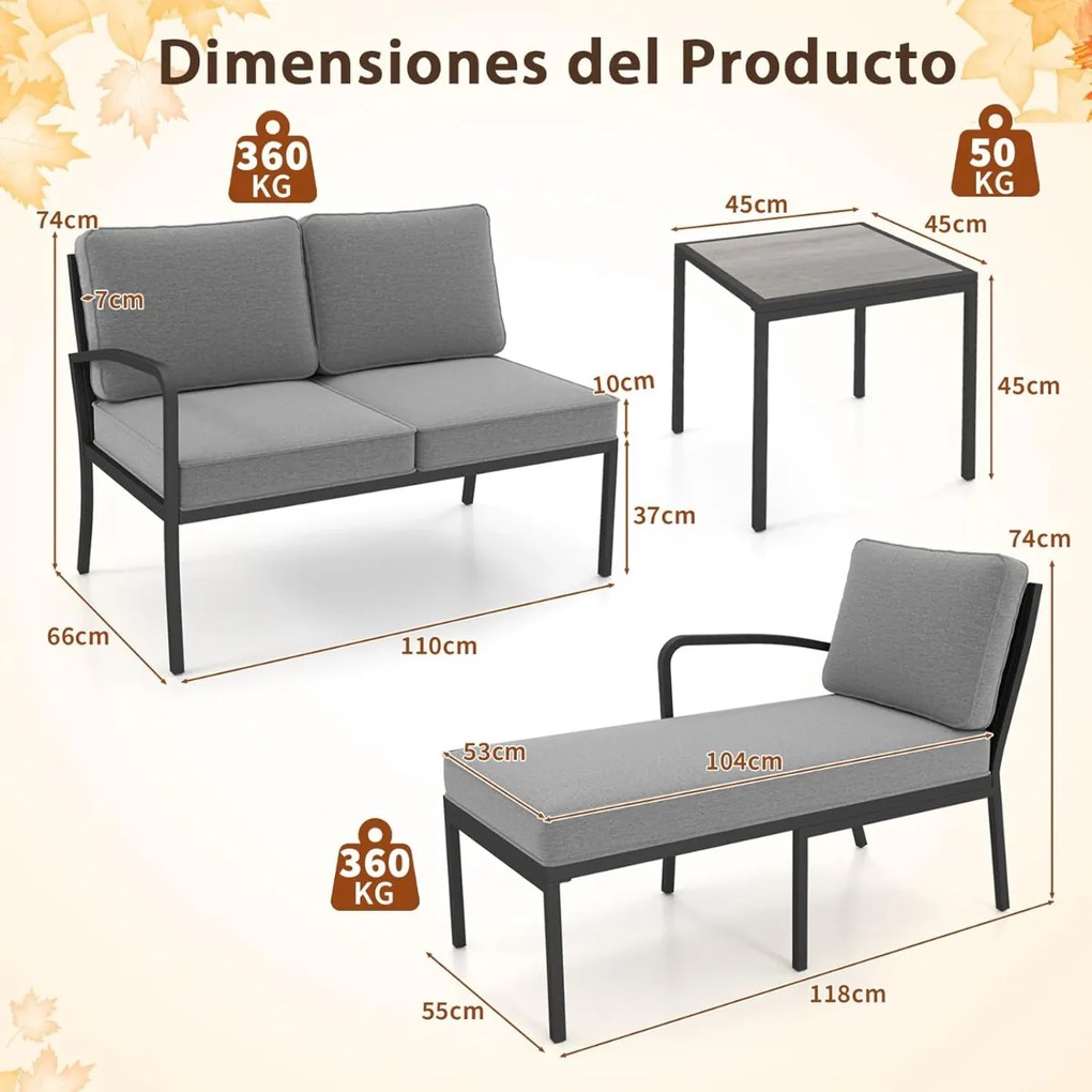 Conjunto de sofá de canto para jardim de 3 peças Sofá em forma de L com mesa de café Estrutura metálica e assento em malha acolchoada Cinza, Preto