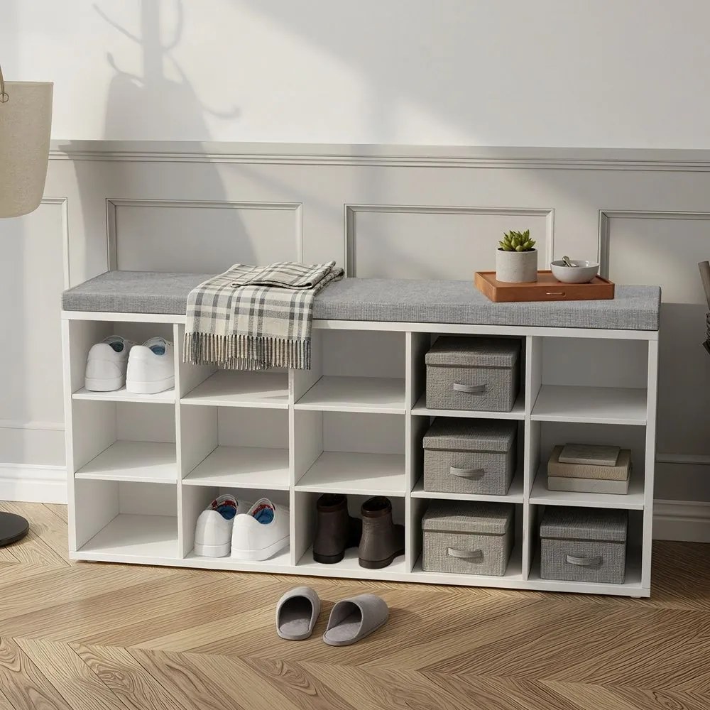 Banco arrumação para sapatos com 15 compartimentos 30 x 105 x 48 cm branco-cinzento
