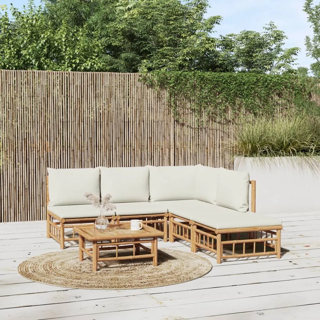 vidaXL 6 pcs conjunto lounge de jardim bambu c/ almofadões branco nata