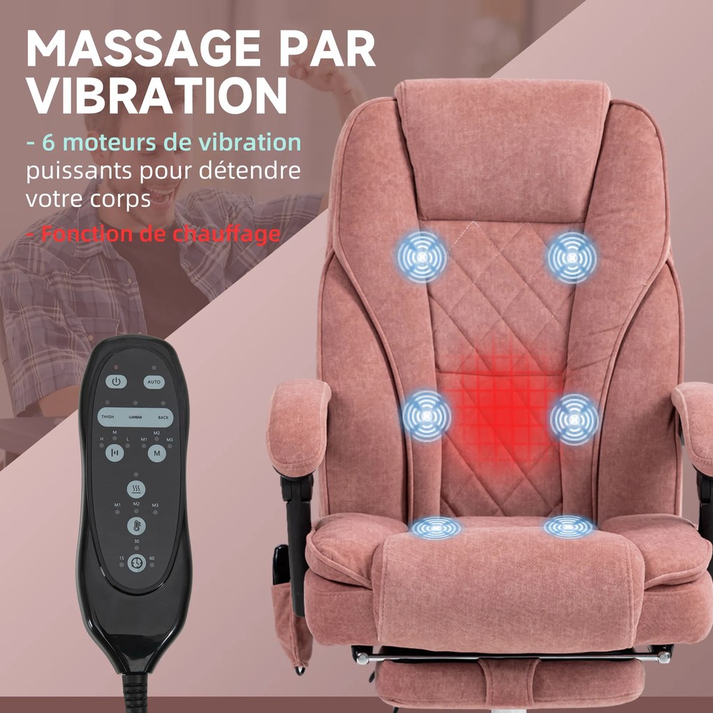 Cadeira de escritório com massagem e aquecimento, altura ajustável, encosto reclinável, comando à distância e apoio para os pés retrátil, cor rosa