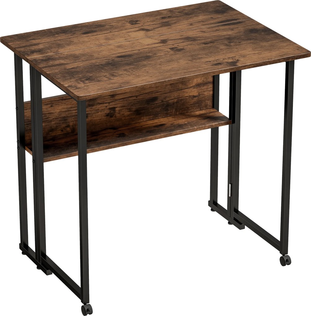 HOMCOM Mesa dobrável com prateleira, mesa de 80 cm para espaços pequenos, escritório, Castanho Rústico | Aosom Portugal