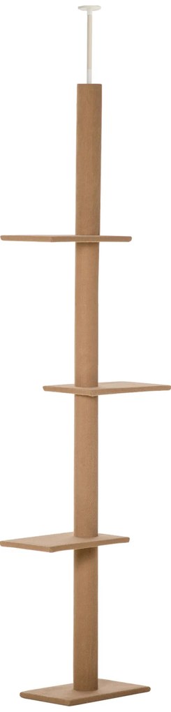 PawHut Arranhador para Gatos de Chão ao Teto com Altura Ajustável 4 Plataformas e Poste de Sisal 43x27x228-260 cm Marrom Claro
