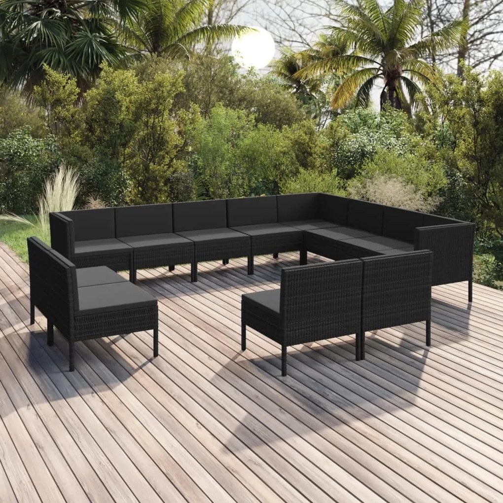 vidaXL 12 pcs conjunto lounge de jardim c/ almofadões vime PE preto