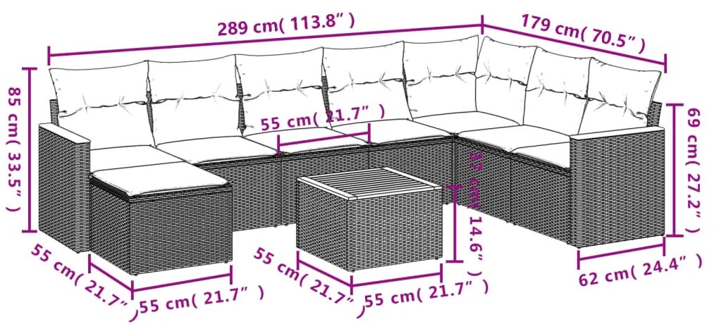 9 pcs conj. sofás jardim c/ almofadões vime PE bege misturado