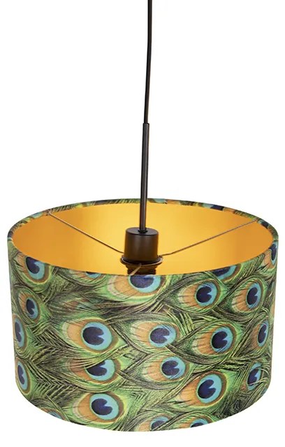 Candeeiro de suspensão com abajur de veludo azul-petróleo com dourado 35 cm - Combi Clássico / Antigo,Country / Rústico