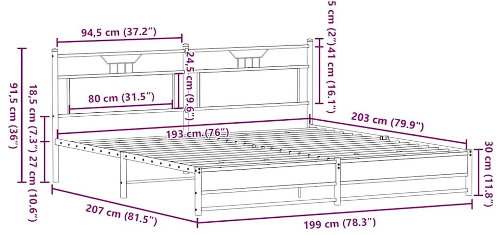 Estrutura cama sem colchão 193x203 cm metal carvalho castanho