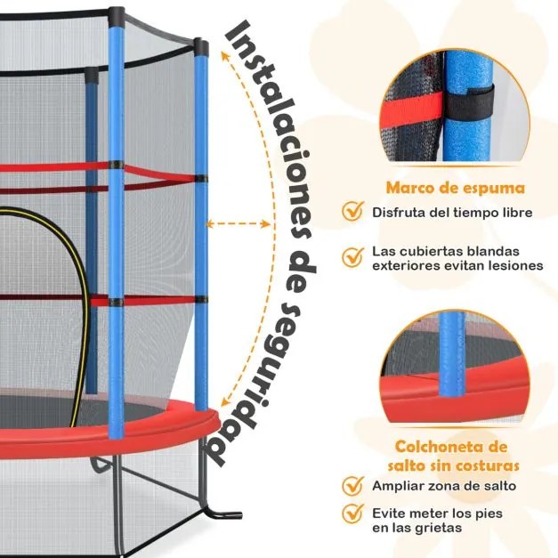 Trampolim para crianças 165 cm com rede de segurança e almofada de mola recreativa Estrutura em aço Azul